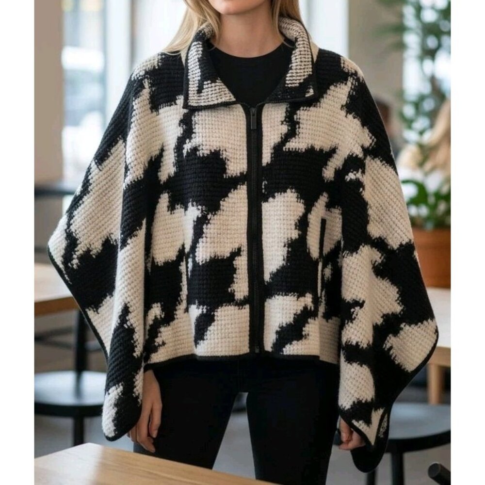 French Connection Wool Blend Poncho Cape S/M Zip Houndstooth Western Boho Preppy